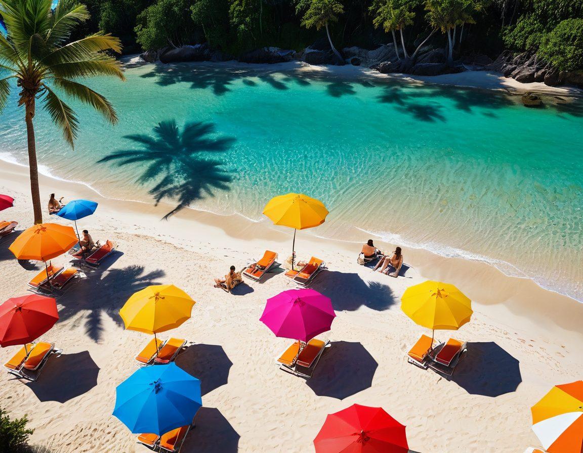 A sun-soaked beach scene showcasing a variety of stylish swimwear laid out on colorful waterbeds. Include vibrant beach umbrellas, playful splashes of water, and sunbathers enjoying the comfort and fun. Capture a sense of relaxation and summer joy with the bright blue sky and palm trees in the background. super-realistic. vibrant colors. summer vibes.