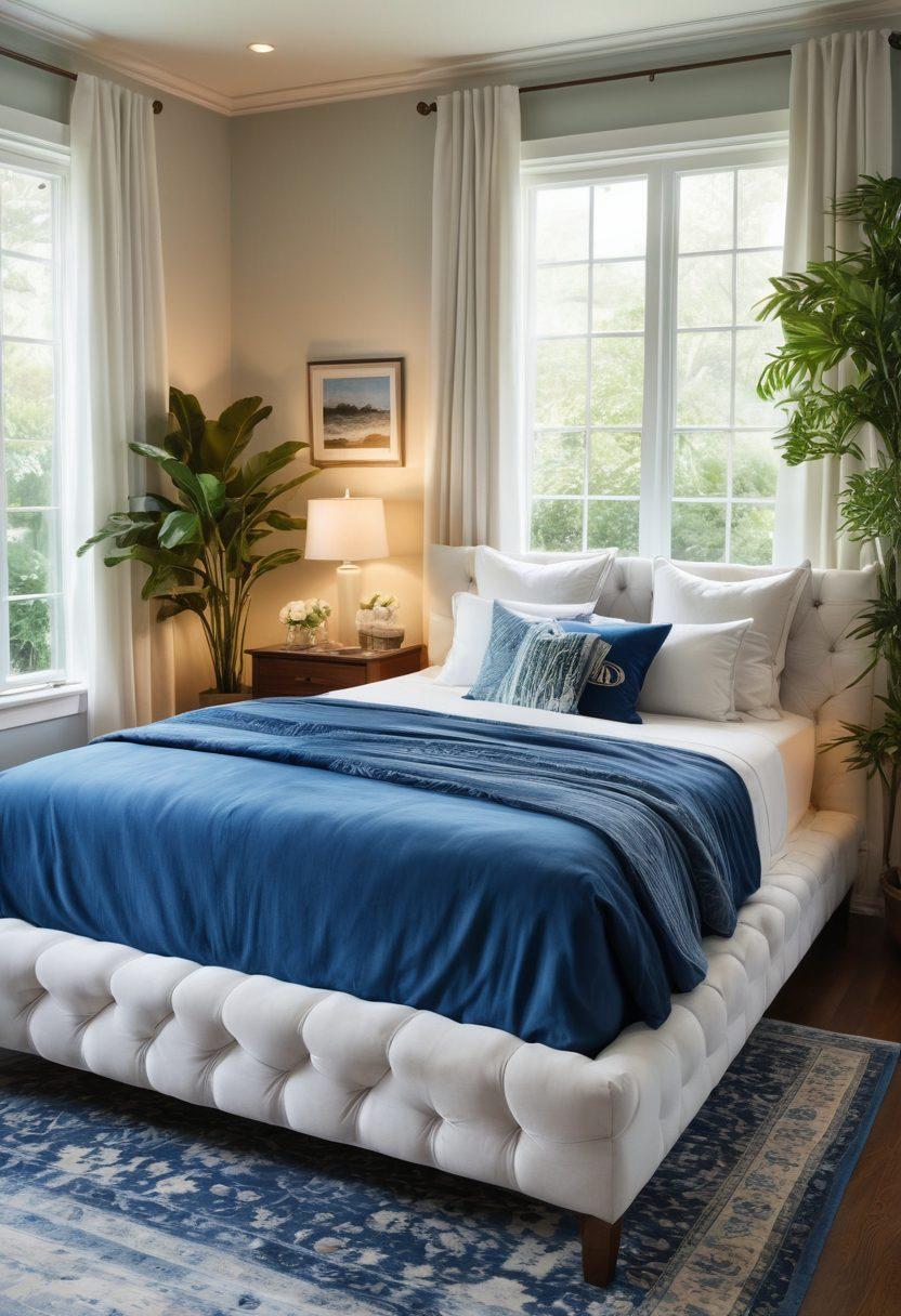 A serene bedroom featuring a luxurious waterbed with soft, flowing sheets, surrounded by natural elements like indoor plants and gentle sunlight filtering through sheer curtains. Include a calming color palette of blues and whites, with decorative elements like floating candles and plush pillows. The ambiance exudes relaxation and tranquility, perfect for summer lounging. super-realistic. vibrant colors. cozy atmosphere.